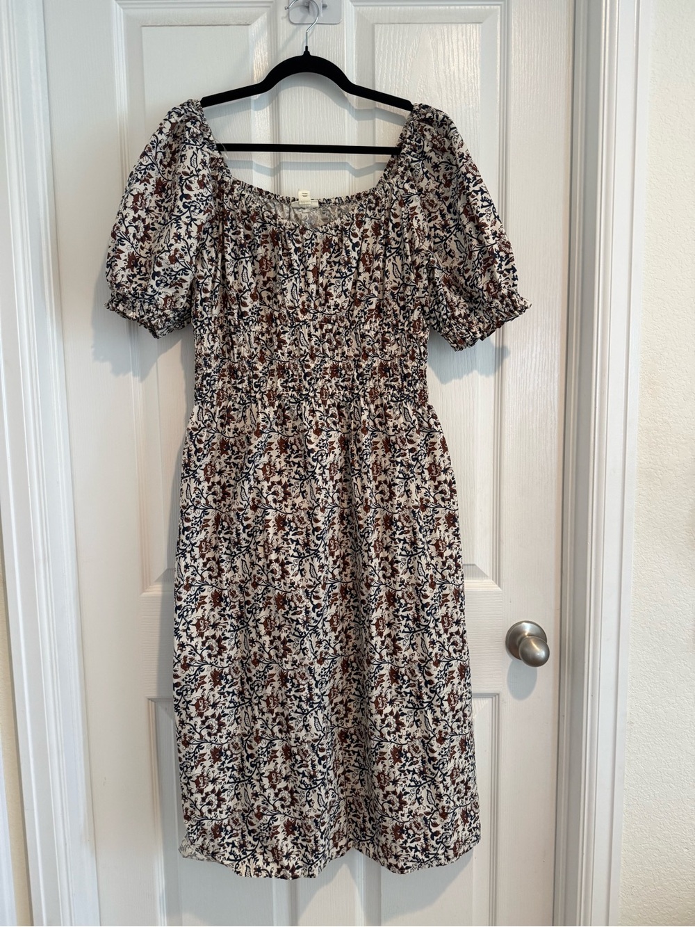 a.n.a Floral Smocked Midi Dress in Cream, Brown and Navy - Picture 1 of 4